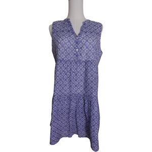 Oliphant Blue & White Geometric Cotton Sleeveless Tiered Mini Dress Size S